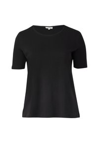 Schwarzes, kurzärmliges Baumwoll-T-Shirt mit Rundhalsausschnitt und leicht tailliertem Schnitt, vor einem weißen Hintergrund präsentiert.