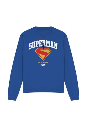 Blue sweatshirt with large red and yellow Superman logo, white "SUPERMAN" text above, and small yellow "LAST SON OF KRYPTON" text below.
