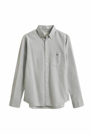 Hellgraues langärmliges Hemd zum Knöpfen mit knopflos befestigtem Kragen und Brusttasche mit kleinem gesticktem Logo.