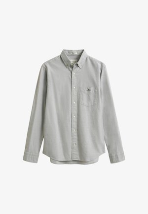 Hellgraues langärmliges Hemd zum Knöpfen mit knopflos befestigtem Kragen und Brusttasche mit kleinem gesticktem Logo.