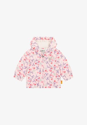 Rosa Regenmantel mit Blumenmuster aus Kirschen und Blättern, elastischen Bündchen, Kapuze und einem Bärenemblem auf der Brust.