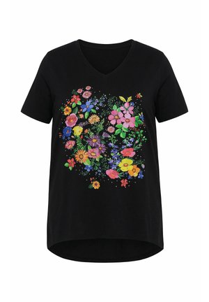 Sort V-hals T-shirt med korte ærmer med farverig blomsterbuket bestående af pink, gul, lilla, blå og orange blomster og grønne blade foran.