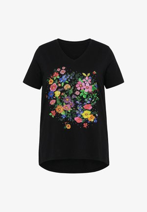 Schwarzes T-Shirt mit V-Ausschnitt und kurzen Ärmeln mit buntem Blumenarrangement in Pink, Gelb, Lila, Blau und Orange sowie grünen Blättern vorne.