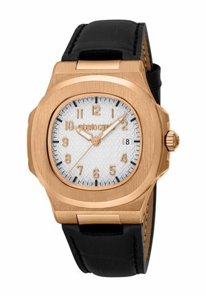 Guld firkantet ur med hvid tekstureret urskive, guld tal og visere, sort læderrem og en datovindue, der viser den 8.