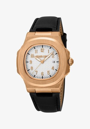 Montre carrée en or avec cadran blanc texturé, chiffres et aiguilles en or, bracelet en cuir noir, et une fenêtre de date affichant le 8.