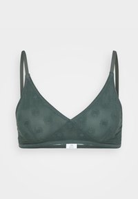 Tamnozelena bralette s mekanom, teksturiranom tkaninom, s trokutastim šalicama, tankim trakama i suptilnim cvjetnim uzorkom.