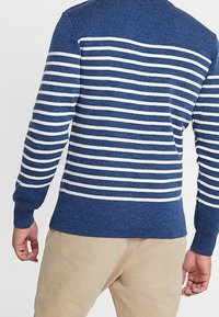 Blå stickad tröja med vita horisontella ränder, ribbad mudd och nederkant, med en enfärgad blå överdel och en mjuk textur.