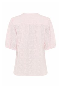 Hellrosa Bluse mit kurzen, gepufften Ärmeln und dezentem Blumenstickereimuster, Rückansicht.