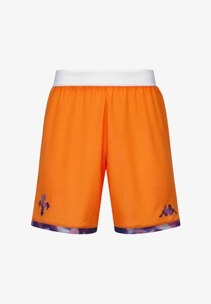 Pantaloncini sportivi arancioni con fascia elastica bianca in vita, bordo viola e piccoli loghi viola sui lati anteriori.