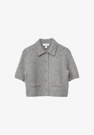 Gray knitted cardigan with a collared neckline, short sleeves, button closure, and two front pockets. Features ribbed hem and cuffs.