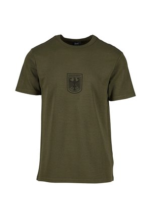 Oliivroheline puuvillane T-särk lühikeste varrukatega, millel on rinna peal must Bundeswehri kulli embleem ja ümardatud kaelus.