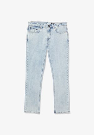 Light blue denim jeans with a straight leg, five pockets, and subtle whiskering. The fabric has a soft texture with minimal stitching details.