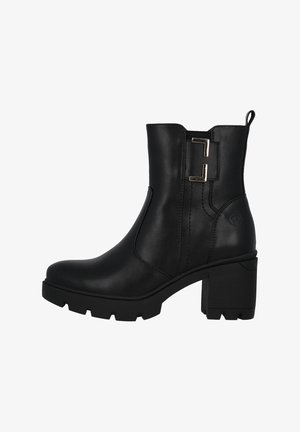 Botín de piel negra hasta el tobillo con tacón chunky, suela resistente, tirador y detalle de hebilla plateada en el lateral.