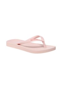 Tongs en caoutchouc rose clair avec semelle texturée et fines brides, avec le nom de la marque sur la bride latérale.
