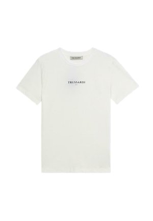 T-shirt bianca in cotone con collo tondo, maniche corte e logo "TRUSSARDI" stampato in nero centrato sul petto.