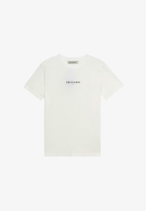 T-shirt bianca in cotone con collo tondo, maniche corte e logo "TRUSSARDI" stampato in nero centrato sul petto.