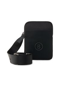 Borsa a tracolla nera realizzata in nylon resistente, caratterizzata da una texture liscia, chiusura con zip, tracolla regolabile e dettaglio del logo in rilievo sulla parte anteriore.