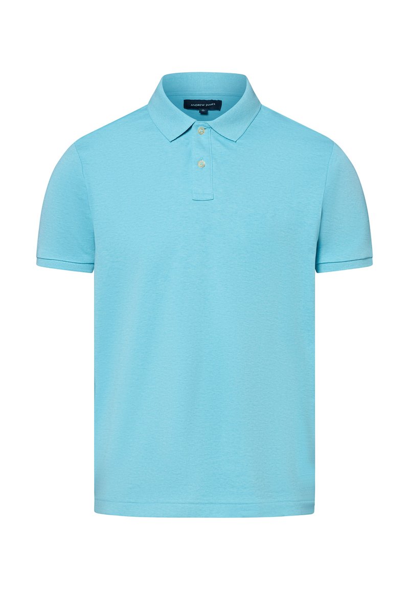 Helles blaues Poloshirt aus weichem, strukturiertem Stoff, mit Kragen, Knopfleiste mit drei Knöpfen und kurzen Ärmeln.