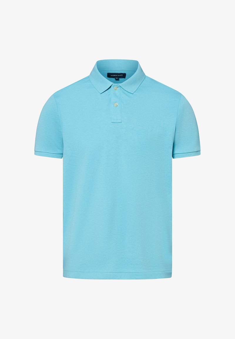 Helles blaues Poloshirt aus weichem, strukturiertem Stoff, mit Kragen, Knopfleiste mit drei Knöpfen und kurzen Ärmeln.