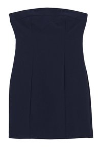 Robe mini sans bretelles bleu marine avec un corsage ajusté et des plis à la jupe. Fabriquée en tissu lisse et extensible, avec un design simple.