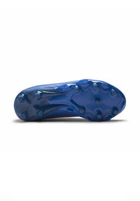 Blue soccer cleat sole with a textured surface, featuring a glossy finish and multiple studded traction elements for grip.