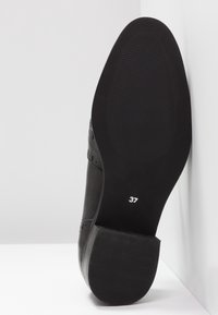 Semelle de chaussure habillée noire avec le numéro de taille 37 imprimé près du talon, montrant un motif de grip texturé et un talon bloc empilé.