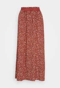 Maxi-Rock, roter Stoff mit weißem Blumendruck, elastischer Bund, geraffte Textur, fließende Silhouette, knielang.