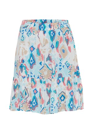 Šviesiai mėlyna sijonas su gėlių raštu, puikuojantis rožinių, mėtinio ir smėlio spalvos atspalviais. Turi pakopinį dizainą ir elastingą liemenį.