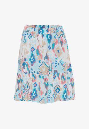 Šviesiai mėlyna sijonas su gėlių raštu, puikuojantis rožinių, mėtinio ir smėlio spalvos atspalviais. Turi pakopinį dizainą ir elastingą liemenį.