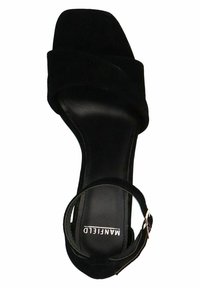 Black suede heeled sandal featuring crossed wide straps, a thin ankle strap with a buckle, and a smooth black insole.