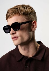 Occhiali da sole esagonali neri con lenti scure, con dettagli dorati sulle tempie, indossati da una persona in una polo scura. Sfondo pulito.