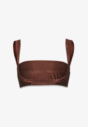 Barna, fémes csillogású melltartó felső széles pántokkal, sima textúrával és strukturált szalaggal. Bandeau kivitel, előformázott kosarak nélkül.