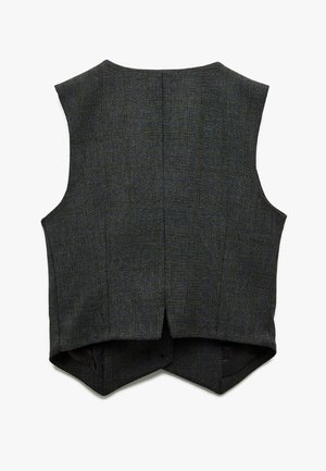 Grijze geruite vest met een geplande ontwerp. Kenmerkt zich door een diepe V-hals, open rug en een textuurstof met subtiele blauwe accenten.