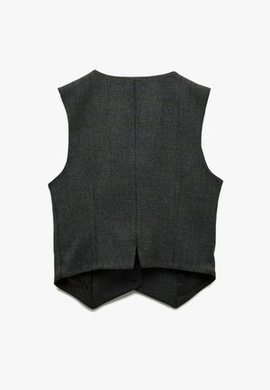 Grijze geruite vest met een geplande ontwerp. Kenmerkt zich door een diepe V-hals, open rug en een textuurstof met subtiele blauwe accenten.