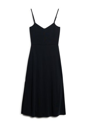 Robe noire sans manches avec des bretelles spaghetti réglables, décolleté en V, corsage ajusté et jupe évasée. Tissu lisse, design jusqu'aux genoux.