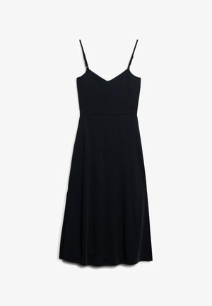 Robe noire sans manches avec des bretelles spaghetti réglables, décolleté en V, corsage ajusté et jupe évasée. Tissu lisse, design jusqu'aux genoux.