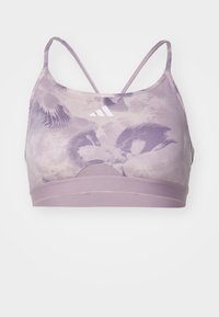 Paarse sportbeha met een bloemenpatroon, verstelbare dunne bandjes en een brede elastische band. Voorzien van een witte adidas-logo op de voorkant.