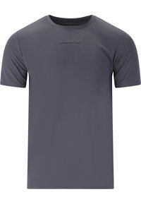 Tummanharmaa lyhythihainen urheilupaita, joka on valmistettu hengittävästä kankaasta, jossa on teksturoitu pinta. Paidassa on pyöreä pääntie ja logo rinnassa.