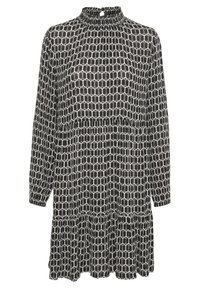 Abito a motivi bianco e nero con maniche lunghe, collo alto e orlo a strati. Realizzato in tessuto leggero, presenta un design esagonale.