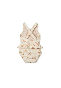 Maillot de bain avec des bretelles croisées, tissu crème avec des motifs de chevaux roses et d'arc-en-ciel, taille froncée, texture lisse, matériau élastique.