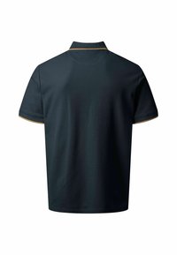 Polo noir à manches courtes vu de dos, avec une bordure jaune sur le col et les manches, uni sans logo visible.