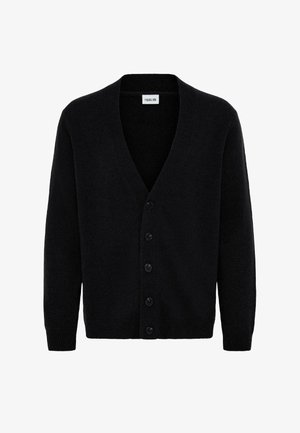 Black cardigan made from a soft knit material, featuring a V-neck and six front buttons. The long sleeves have ribbed cuffs.