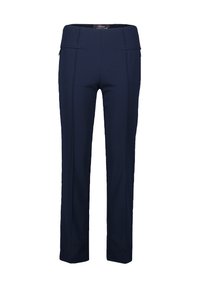 Marineblauwe op maat gemaakte broek met een gladde textuur, rechte snit, twee voorkruiken en contrasterende stikdetails langs de naden.