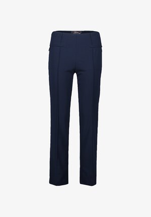 Marineblaue maßgeschneiderte Hose mit glatter Textur, geradem Schnitt, zwei Fronttaschen und kontrastierenden Nahtdetails entlang der Nähte.