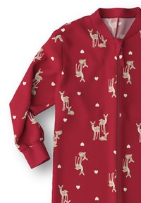 Tuta rossa con zip, caratterizzata da un motivo di cervi e piccoli cuori. Realizzata in tessuto liscio con dettagli a costine sui polsini e sul colletto.