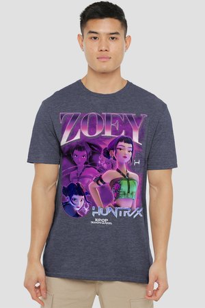 Man wearing dark gray T-shirt with colorful animated female characters, large text "ZOEY," and smaller text "HUNTR/X KPOP DEMON HUNTERS."