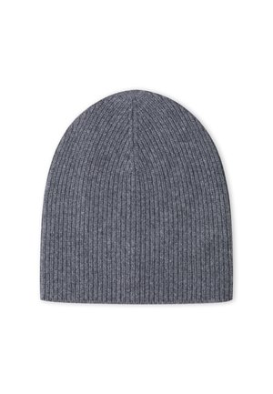 Gray knitted beanie hat with vertical ribbed texture and a rounded top, made from a soft, stretchy material. No visible logos or embellishments.