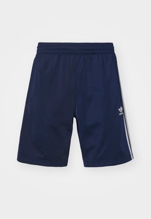 Navy athletic shorts made of a lightweight fabric, featuring an elastic waistband and three white stripes on the sides. Adidas logo displayed.