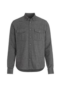 Camicia grigia a maniche lunghe realizzata in tessuto testurizzato, con colletto button-down, due tasche frontali e orlo curvo.