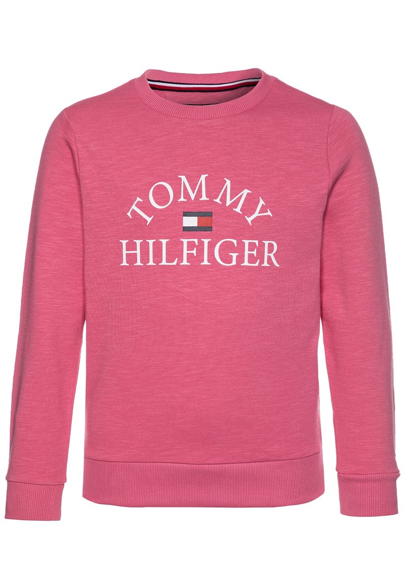 Sudadera rosa con cuello redondo y mangas largas. Presenta el texto "TOMMY HILFIGER" en blanco, con un pequeño acento de logo en el centro.